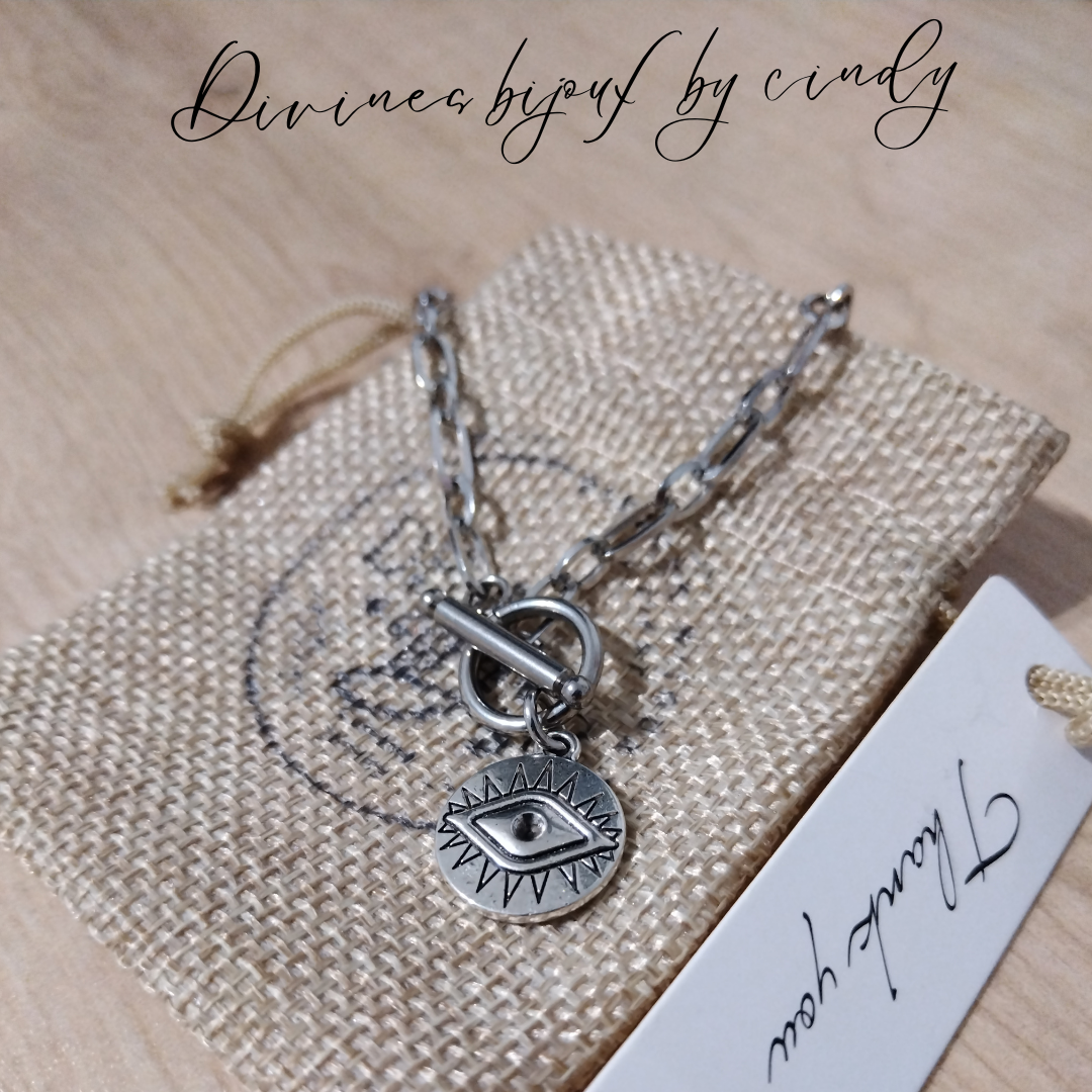 CONFIANCE - Collier Maillons Argenté & Médaillon Œil Protecteur – Fermoir Bouée