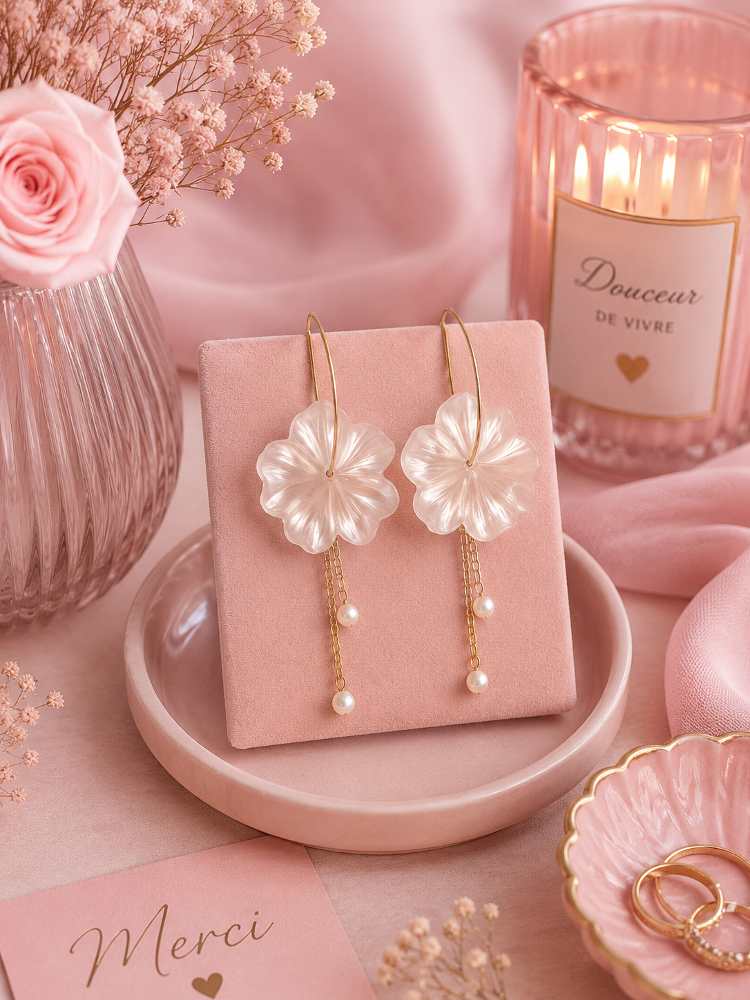 LÉONIE – Boucles d’Oreilles Fleur Nacrée en Acier Inoxydable 316L