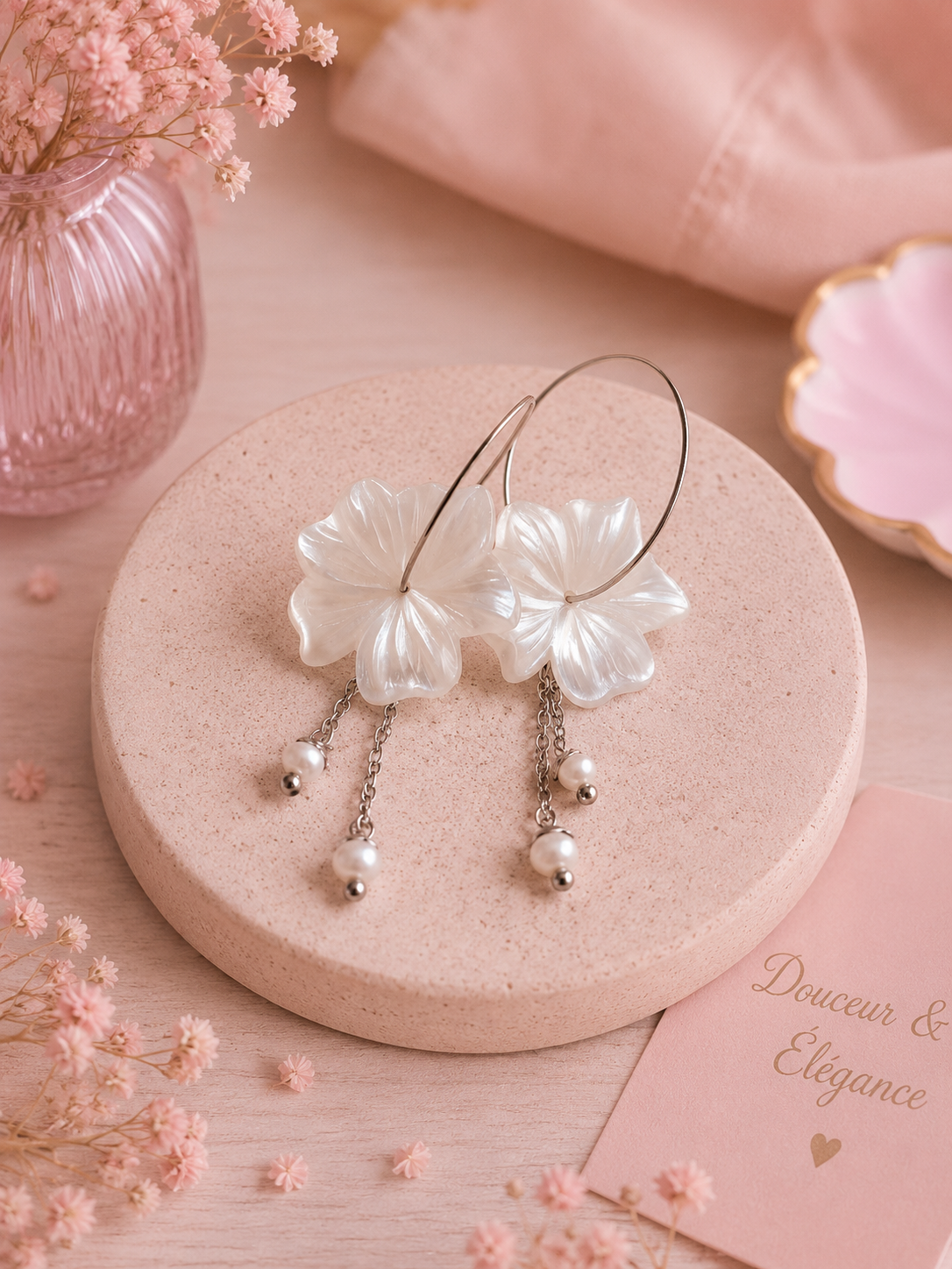 LÉA – Boucles d’Oreilles Fleur Nacrée & Perles d’Eau Douce