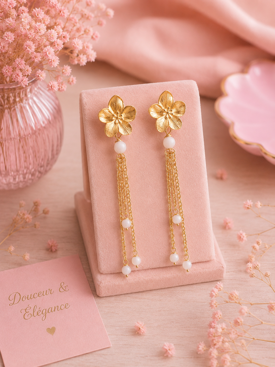AGATE – Boucles d’Oreilles Fleur & Perles d’Eau Douce