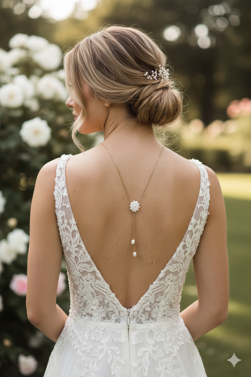 Collier Fleur Dos Mariée 2 en 1 – Or Fin 24K, Nacre & Perle d’Eau Douce