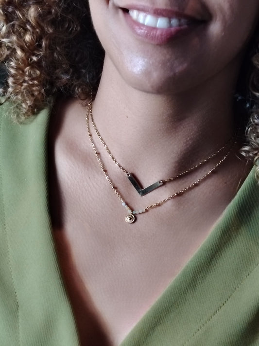 INESS - Combo Colliers Dorés à l’Or Fin 24 Carats – Amazonite & Collier en Forme de V