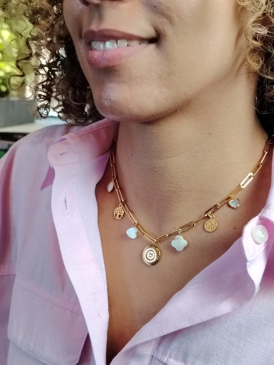 LUCINE - Collier Charms Maillons Dorés à l’Or Fin 24 Carats & Pampilles Nacrées