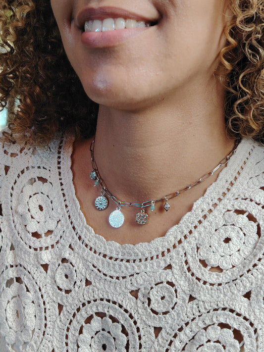 ANNA - Collier Charms Plaqué Argent & Pierres Amazonite – Anneaux Argent 925