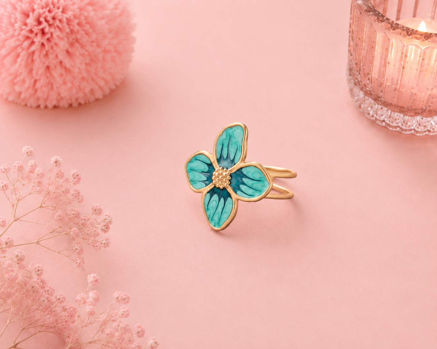 ROSÉLIA – Bague Fleur Rose/Vert Nacrée Dorée
