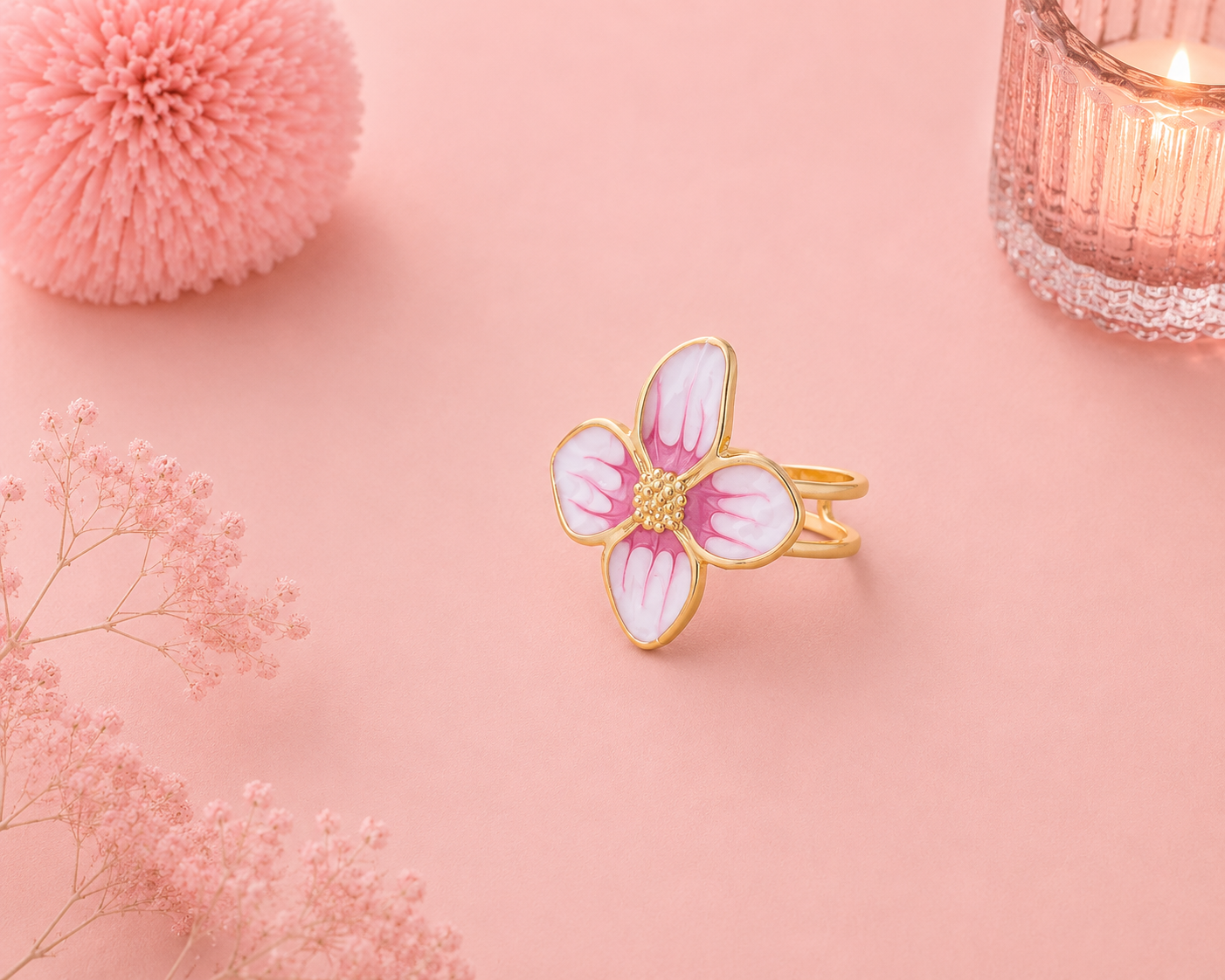 ROSÉLIA – Bague Fleur Rose/Vert Nacrée Dorée